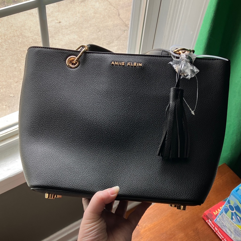 Anne Klein Black Pebbled Tote with Gold Hardware and Tassel